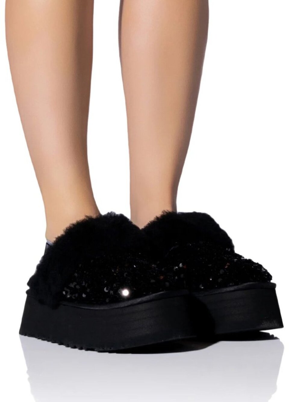 UGG~FUNKETTE CHUNKY SEQUIN FLAT~BLACK SHEARLING PLATFORM SLIPPER SANDAL Size 8